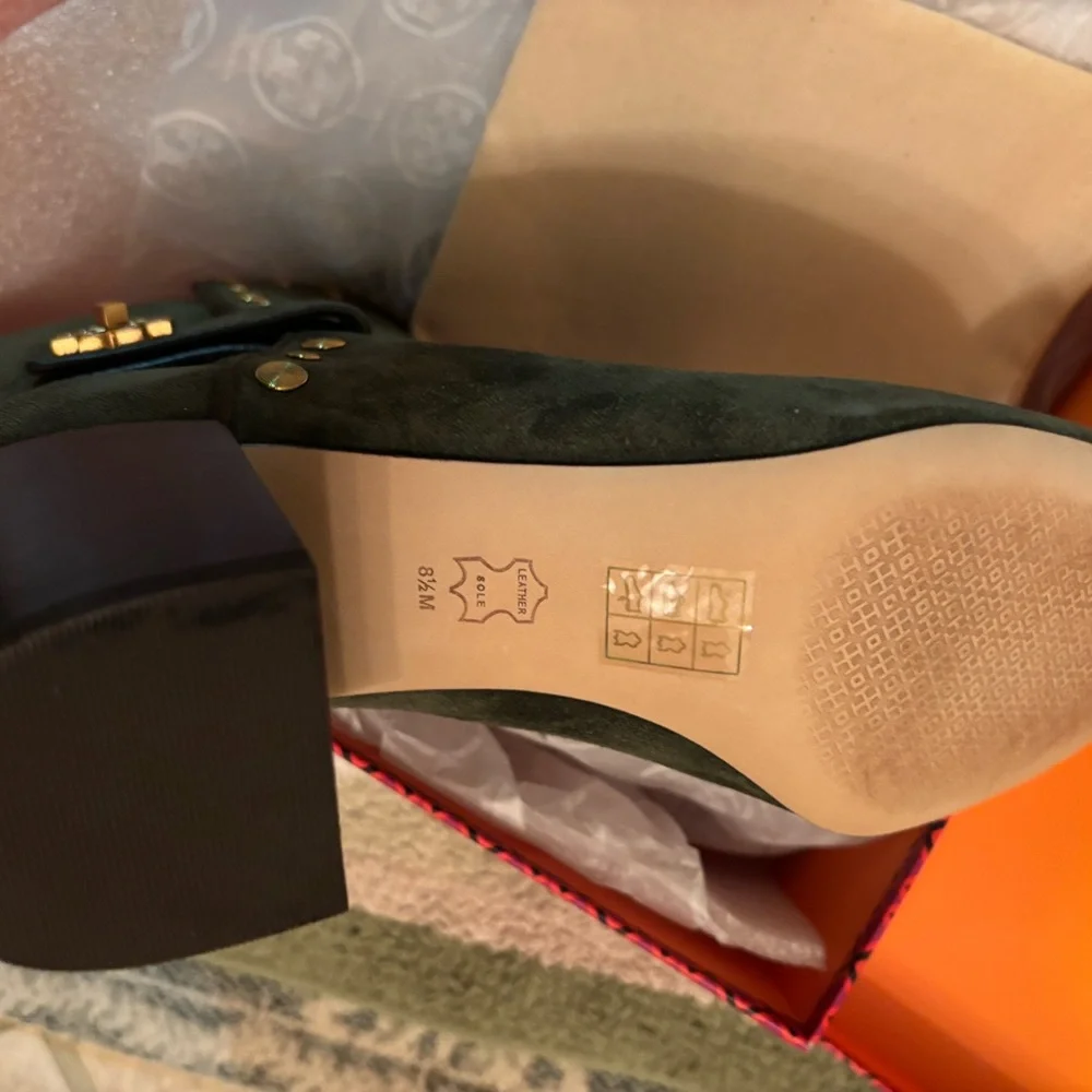Tory Burch Dark Green Ankle Boots with Gold Studs - Picture 3 of 7